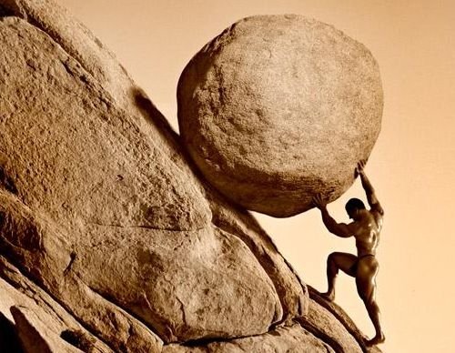 IT Debt, represented by Sisyphus pushing his boulder up the mountain